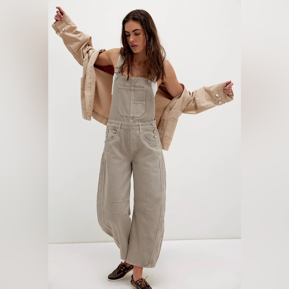 Free People We The Free Good Luck Barrel Overalls in Cobblestone - Picture 3 of 7